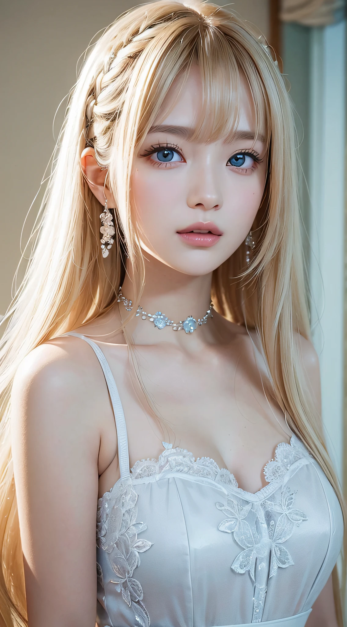 (a closeup:1.4)、(RAW shooting:1.2)、(Photorealsitic:1.4)、(masterpiece:1.3)、(top-quality:1.4)、bright expression、extremely beautyful girl、Extraordinary beautiful girl、Detailed cute and beautiful face、Beautiful bangs、Glowing white shiny skin、facial hairs、Bangs that extend to the face、Bangs between the eyes、Super long hair、Attractive light and dark platinum blonde super long straight silky hair、finer hair、Attractive glowing beautiful bright clear light blue big eyes、Luxurious dresses、Double eyelids、Lush bust、The upper part of the body、