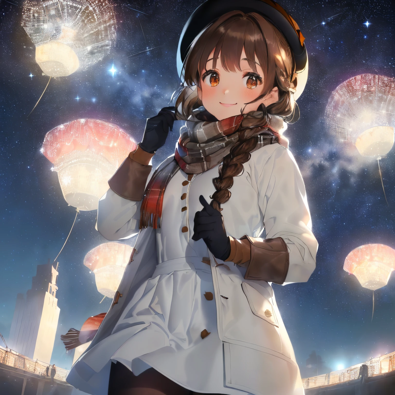 ((starry sky in winter clear air)),(Stargazing),((Starry sky)),((Brown hair)),((Braided shorthair)),((With bangs)),((Brown eyes)),Slight red tide,((A fluffy scarf that covers your white chin)),((white winter thick down jacket)),((Plaid shirt)),(black skirt and black tights),((Hats for the winter)),((red winter gloves)),(Looking at me with a smile),((View from directly below)),