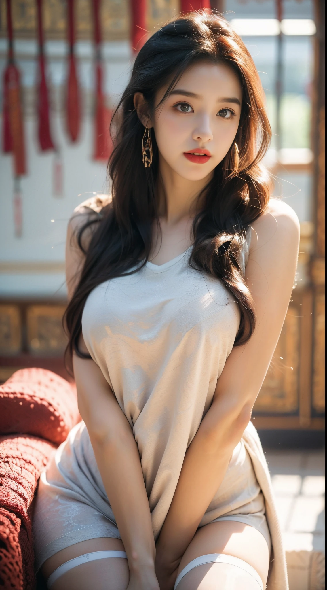 (tmasterpiece,super detailing),A sexy and cute young lady,long whitr hair,Black eyes,Perfect skin,Super detailed facial details,4k,8k,black lence stockings,a sexy pose,blossoms,toys,stuffed doll,stocklings,sheets,office room