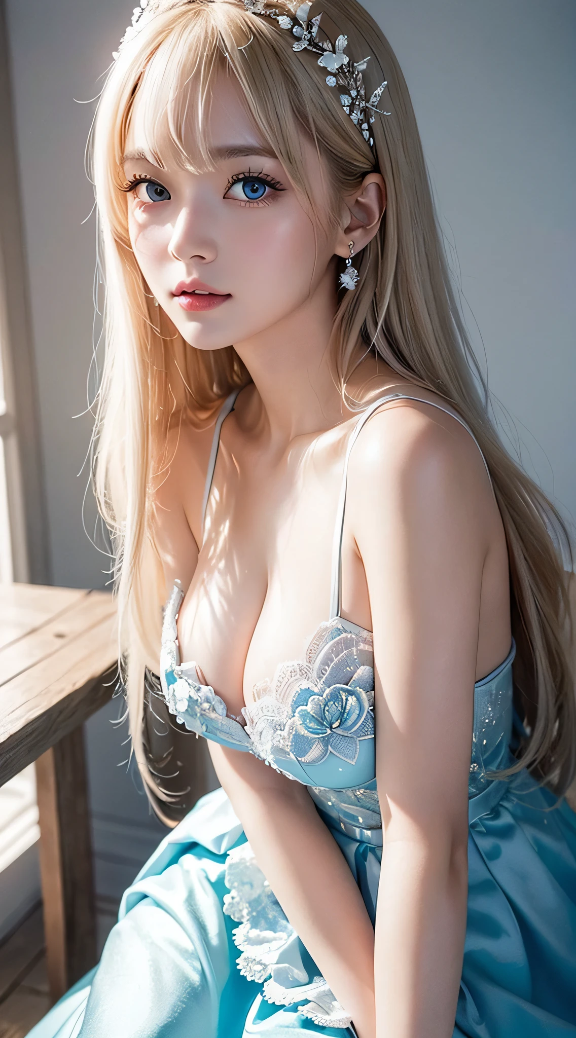 (a closeup:1.4)、(RAW shooting:1.2)、(Photorealsitic:1.4)、(masterpiece:1.3)、(top-quality:1.4)、bright expression、extremely beautyful girl、Extraordinary beautiful girl、Detailed cute and beautiful face、Beautiful bangs、Glowing white shiny skin、facial hairs、Bangs that extend to the face、Bangs between the eyes、Super long hair、Attractive light and dark platinum blonde super long straight silky hair、finer hair、Attractive glowing beautiful bright clear light blue big eyes、Luxurious dresses、Double eyelids、Lush bust、The upper part of the body、