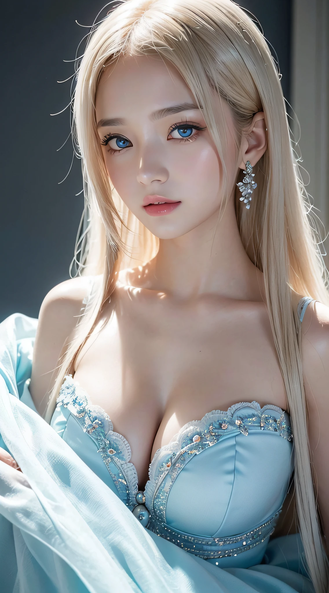(a closeup:1.4)、(RAW shooting:1.2)、(Photorealsitic:1.4)、(masterpiece:1.3)、(top-quality:1.4)、bright expression、extremely beautyful girl、Extraordinary beautiful girl、Detailed cute and beautiful face、Beautiful bangs、Glowing white shiny skin、facial hairs、Bangs that extend to the face、Bangs between the eyes、Super long hair、Attractive light and dark platinum blonde super long straight silky hair、finer hair、Attractive glowing beautiful bright clear light blue big eyes、Luxurious dresses、Double eyelids、Lush bust、The upper part of the body、