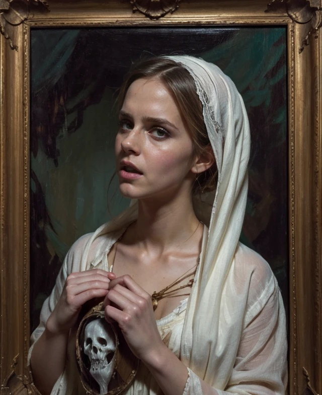 Wooden frame, (ghost, spitits), Emma Watson, medium shot, (palms pressed against canvas) ghostly body, tattered ghostly clothes, (detailed clothes), ghost in background, spirit energy, trapped in a haunted oil painting, painting frame, hyperrealism, ghostly, trapped, (panicking, screaming), peter mohrbacher, pierre terblanche, trending on artstation