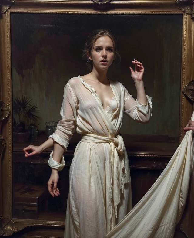 Wooden frame, (ghost, spitits), Emma Watson, medium shot, (palms pressed against canvas) ghostly body, tattered ghostly clothes, (detailed clothes), ghost in background, spirit energy, trapped in a haunted oil painting, painting frame, hyperrealism, ghostly, trapped, (panicking, screaming), peter mohrbacher, pierre terblanche, trending on artstation