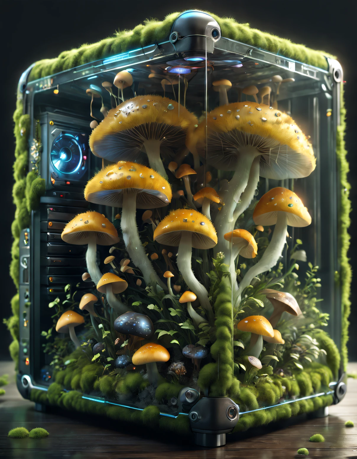 Computer case prototype, Transparent as glass, Full of cute high resolution glowing mushrooms + There is a snail-like creature inside the computer case，There are small bubbles，vividness，A high resolution, microscopic details, Octagon rendering, photo-realism, realistically + : Dramatic cyberpunk lightning