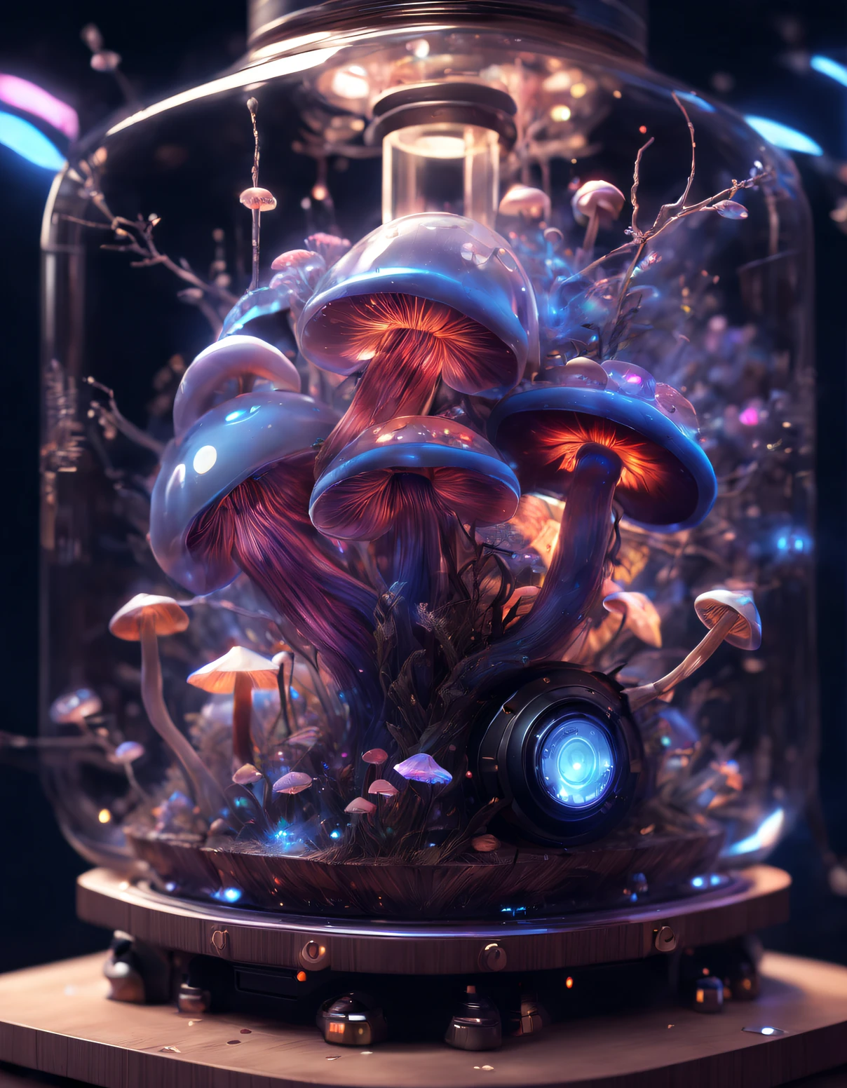 Prototype of the internal mechanics of the loudspeaker, Transparent as glass, Full of cute high resolution glowing mushrooms ，Snail creature inside the speaker case，There are small bubbles，vividness，A high resolution, microscopic details, Octagon rendering, photo-realism, realistically + : Dramatic cyberpunk lightning
