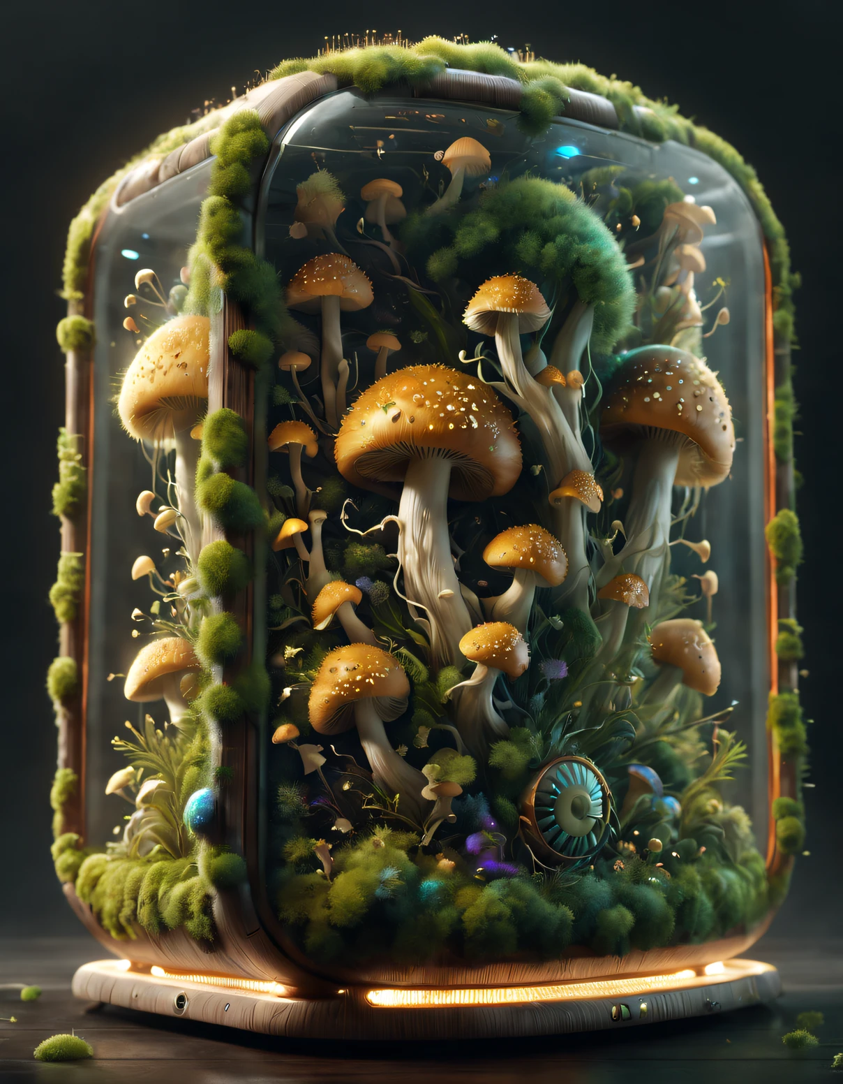 Speaker chassis prototype, Transparent as glass, Full of cute high resolution glowing mushrooms + :There is a snail-like creature inside the speaker casing,There are small bubbles,vividness,A high resolution, microscopic details, Octagonal rendering, photo-realism, realistically + : Dramatic cyberpunk lightning