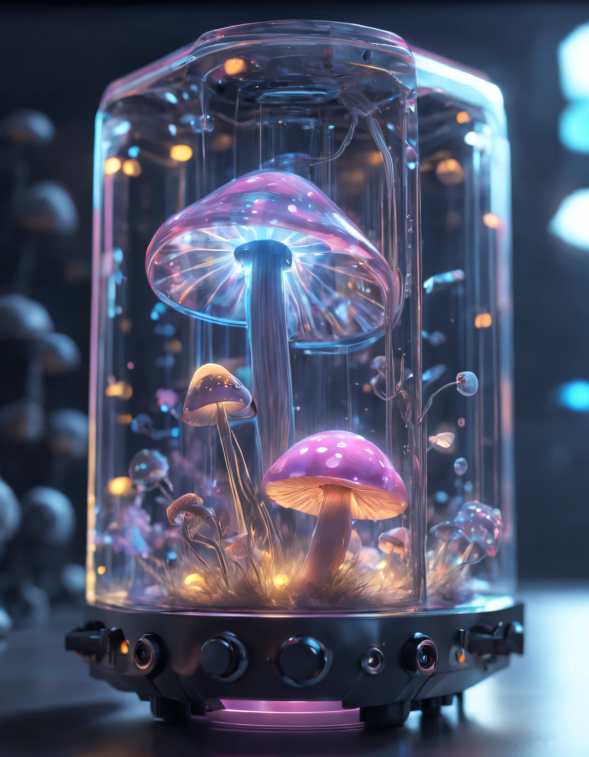 Speaker chassis prototype, Transparent as glass, Full of cute high resolution glowing mushrooms + :There is a snail-like creature inside the speaker casing,There are small bubbles,vividness,A high resolution, microscopic details, Octagon rendering, photo-realism, realistically + : Dramatic cyberpunk lightning