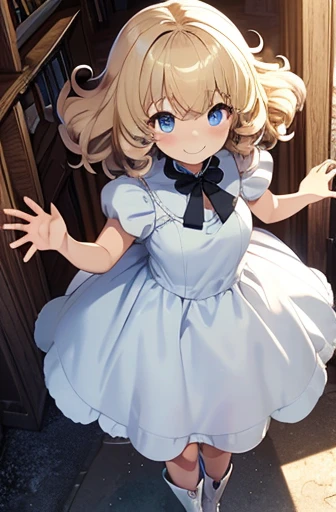 fluffy hair, bobhair, a blond, Loose and fluffy perm, Blue eyes, A smile, Perspective from above, Hollow eyes, Blonde blue-eyed, White Dress, Brown boots, full bodyesbian, A slender, in a house, black tea,  Crisp eyes, Put your arms behind your back,