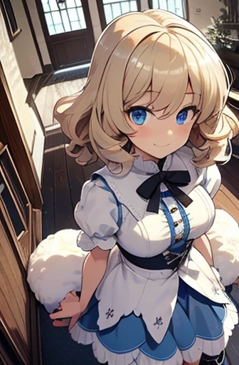 full bodyesbian, fluffy hair, a blond, Loose and fluffy perm, bobhair, Blue eyes, Blonde blue-eyed, White Dress, A smile, A slender, Brown boots, in a house, black tea, close up of face,Perspective from above, Hollow eyes, Crisp eyes