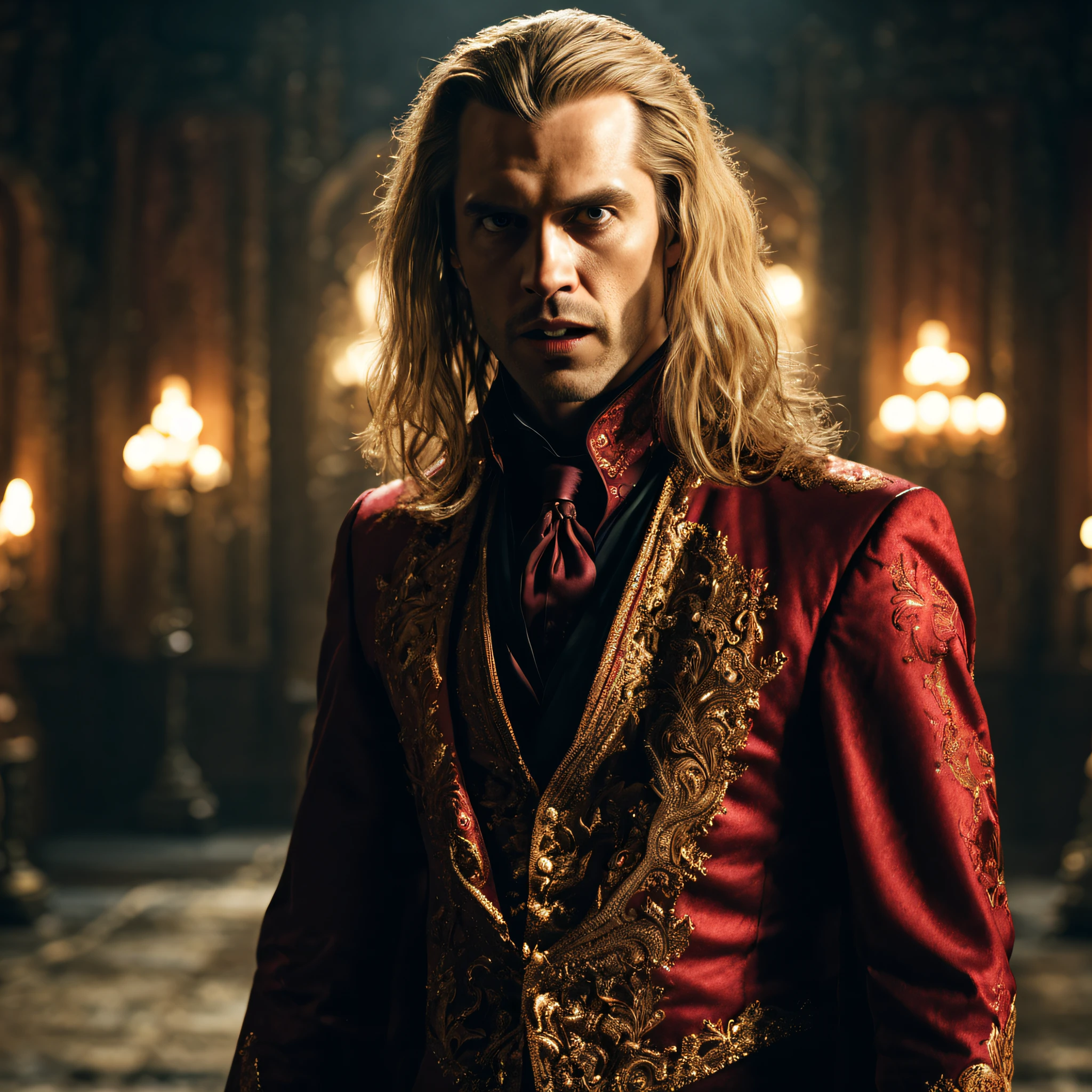 movie scenes, ((full-body: 1.5)), handsome, blonde and long hair, vampire in a blood and gold suit, (looking at the camera: 1.3), flying vampire, angry, mysterious, ancient, intricate detail, highly detailed, volumetric lighting, 4k rendering, stock photo, ultra-realistic, realistic textures, dramatic lighting, depth of field, film, (very wide angle: 1.3), dark light, wide angle