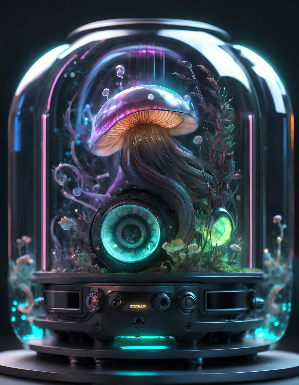 Speaker chassis prototype, Transparent as glass, Full of cute high resolution glowing mushrooms + :There is a snail-like creature inside the speaker casing,There are small bubbles,vividness,A high resolution, microscopic details, Octagonal rendering, photo-realism, realistically + : Dramatic cyberpunk lightning