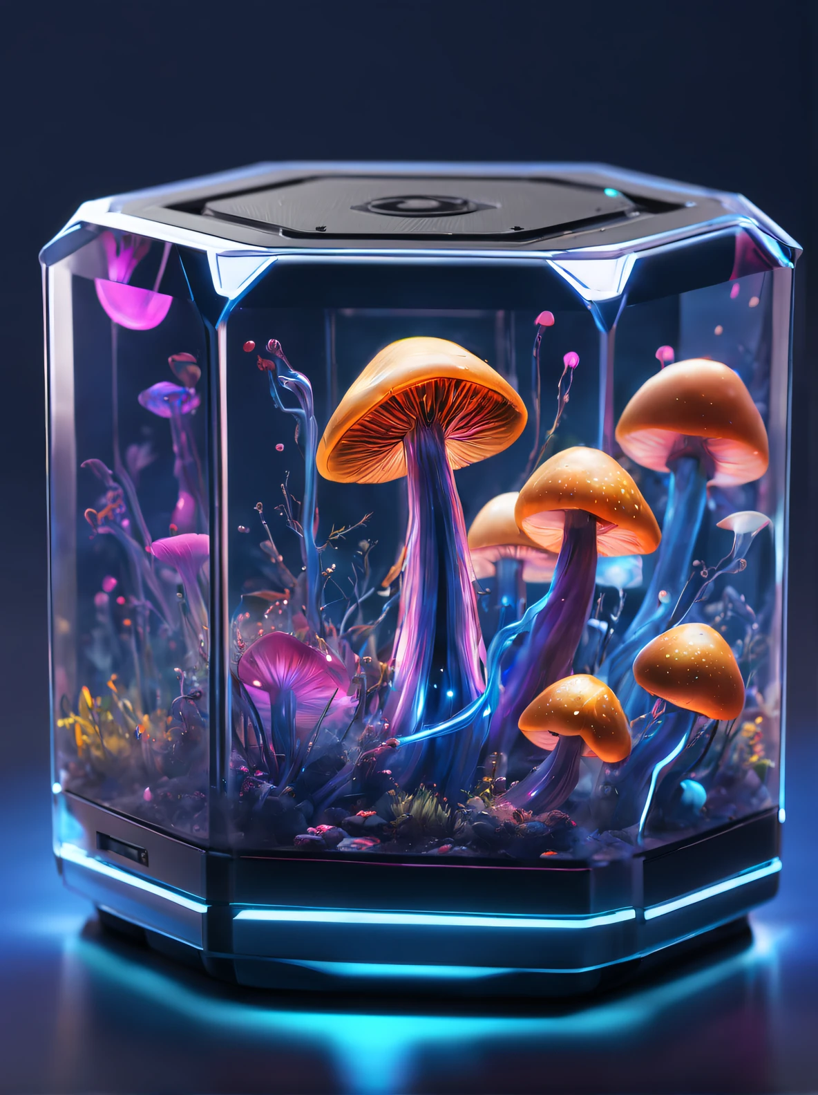 Bluetooth speaker prototype, Transparent as glass, (Full of cute high resolution glowing mushrooms ）, (There are snail-like creatures inside the computer case)， (There are small bubbles），vividness，A high resolution, microscopic details, Octagon rendering, photo-realism, realistically + : Dramatic cyberpunk lightning -
