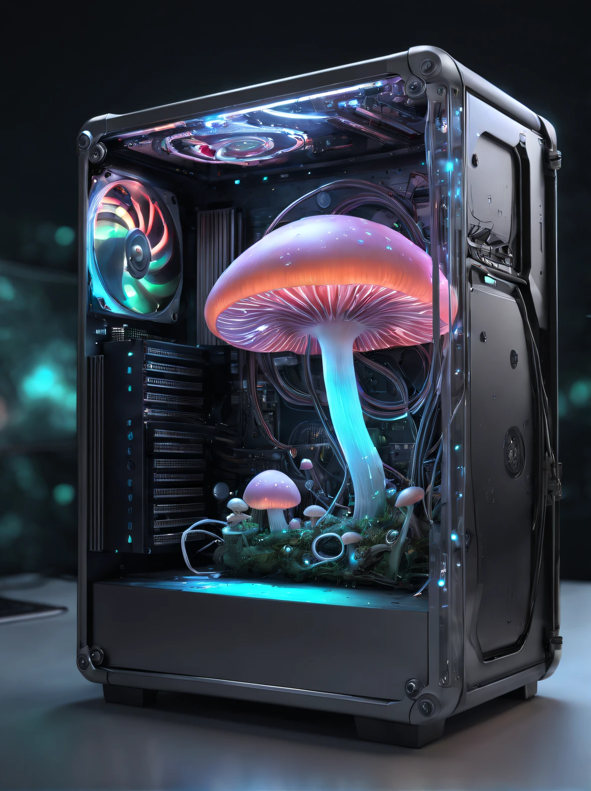 Computer case prototype, Transparent as glass, Full of cute high resolution glowing mushrooms + : There are snail-like creatures inside the computer case，There are small bubbles，vividness，A high resolution, microscopic details, Octagonal rendering, photo-realism, realistically + : Dramatic cyberpunk lightning -