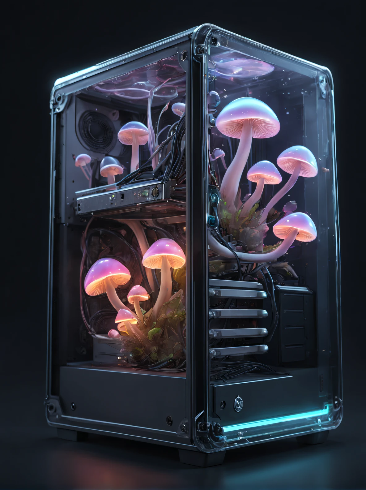 Computer case prototype, Transparent as glass, Full of cute high resolution glowing mushrooms + : There are snail-like creatures inside the computer case,There are small bubbles,vividness,A high resolution, microscopic details, Octagonal rendering, photo-realism, realistically + : Dramatic cyberpunk lightning -
