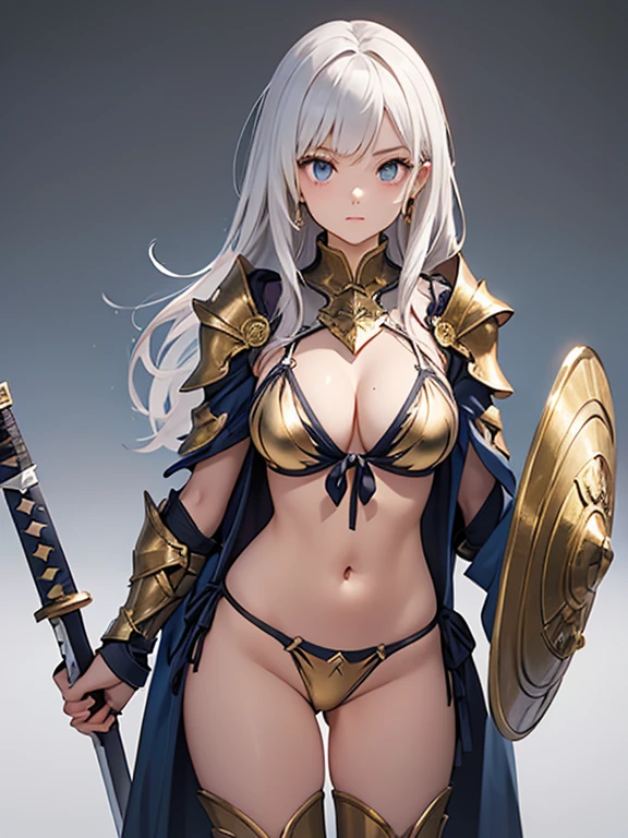 Shy、Female Hero、chest up shot, Armed with swords and shields、bikini-armor、tie side togs, The armor is white metal with gold trim.、Bikini armor is made of transparent material with shiny gold paint