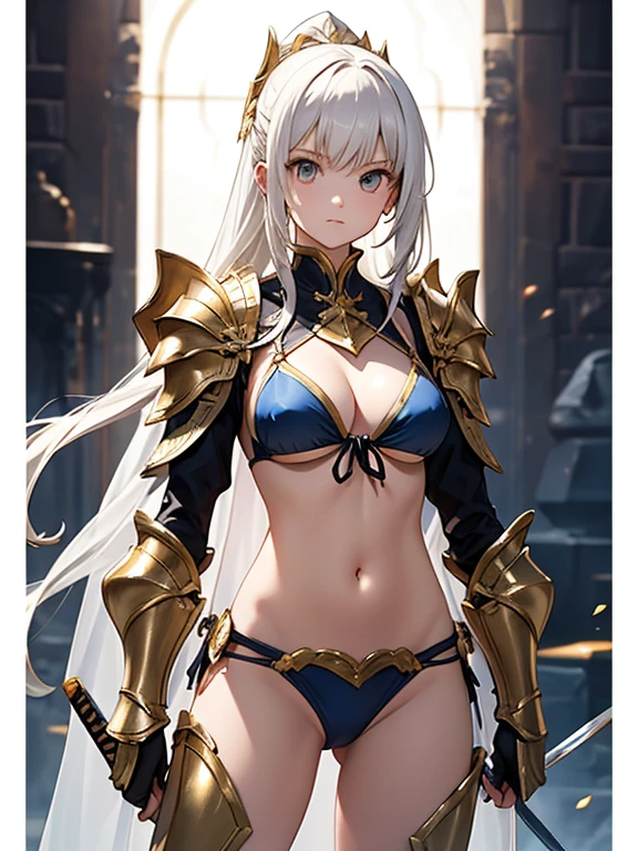 Shy、Female Hero、chest up shot, Armed with swords and shields、bikini-armor、tie side togs, The armor is white metal with gold trim.、Bikini armor is made of transparent material with shiny gold paint