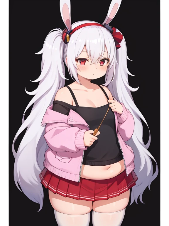 (masterpiece, best quality:1.2),illustration,8k,hd,obese 1girl,solo,animal_ears,rabbit_ears,red_eyes,white_hair, , obese loliat breasts, small height, twintails,long_hair,hair_between_eyes,bangs,hairband,very_long_hair,fake_animal_ears,hair_ornament,collarbone,jacket,long_sleeves,pink_jacket,off_shoulder,skirt,pleated_skirt,red_skirt,camisole,thighhighs,white_thighhighs,open_clothes,red_hairband,open_jacket,white_camisole,