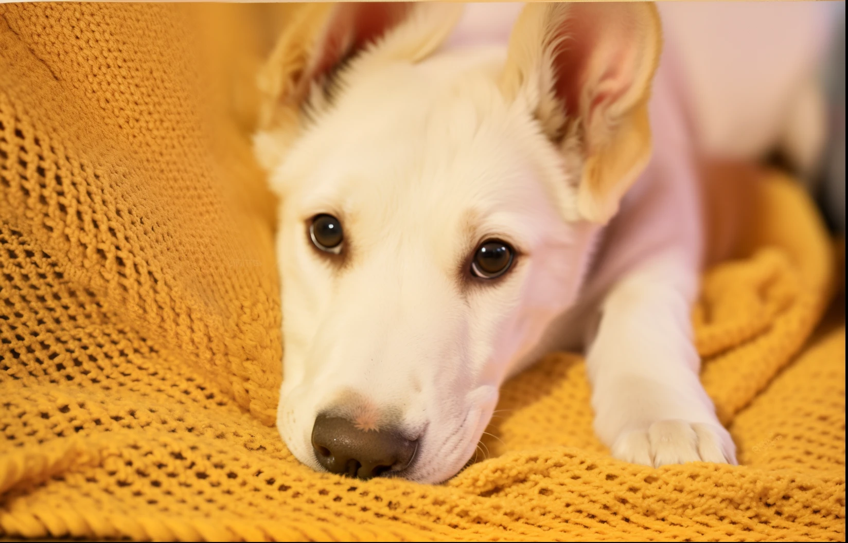 there is a white dog lying on a yellow blanket with a remote control, com olhos bonitos, olhos brilhantes e cheios de alma, foto de retrato em close-up, um bonito, close - foto retrato acima, closeup of an adorable, foto de retrato, Rosto branco do Labrador Retriever, macio e quente, foto de retrato detalhada, peludo bonito precisa de sua ajuda, Close portrait, com focinho branco