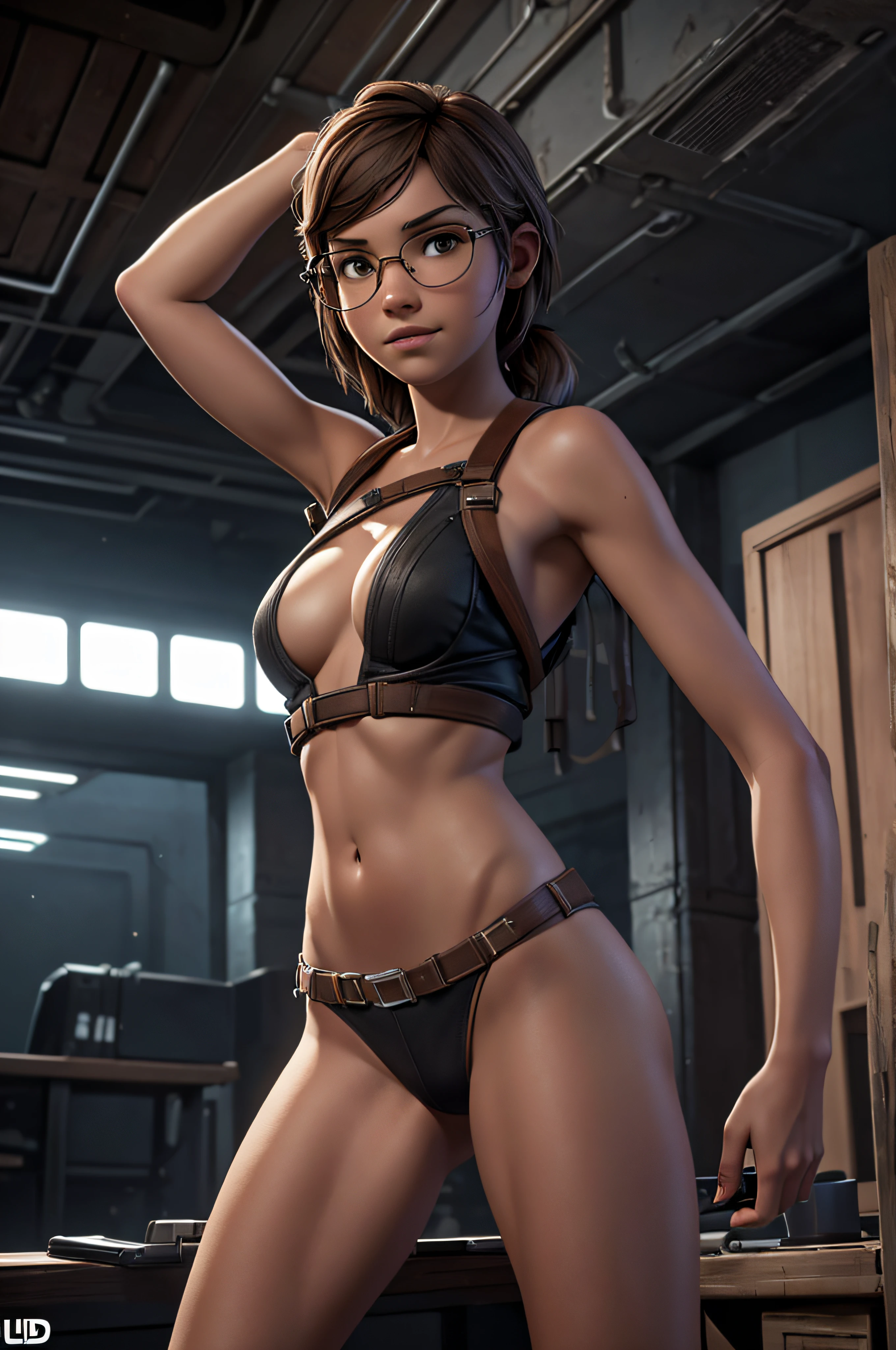 (((sozinho))), 1 girl, Ellie Wilians, the Last of Us, NSFW, em boate , (corpo magro e em forma:1.0), nu,seios expostos, black ned glasses, Grande meio sorriso, ((bichano:1.0)), pernas abertas, detalhes intrincados, altamente detalhado, (ultra detalhado), hiperdetalhado, UHD, (HDR), 8k, Cinematic lighting,cores ricas textura realista hiper realista, HDR, UHD,4k, 8k,