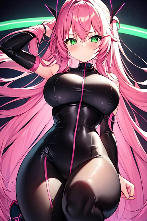 1girl, large breasts, wide hips, pink hair, long hair, green eyes, bodysuit, black bodysuit, shoes, sneakers, neon, tech, futuristic, science-fiction, pink neon trim, neon trim, sky, timid, blush, blushing