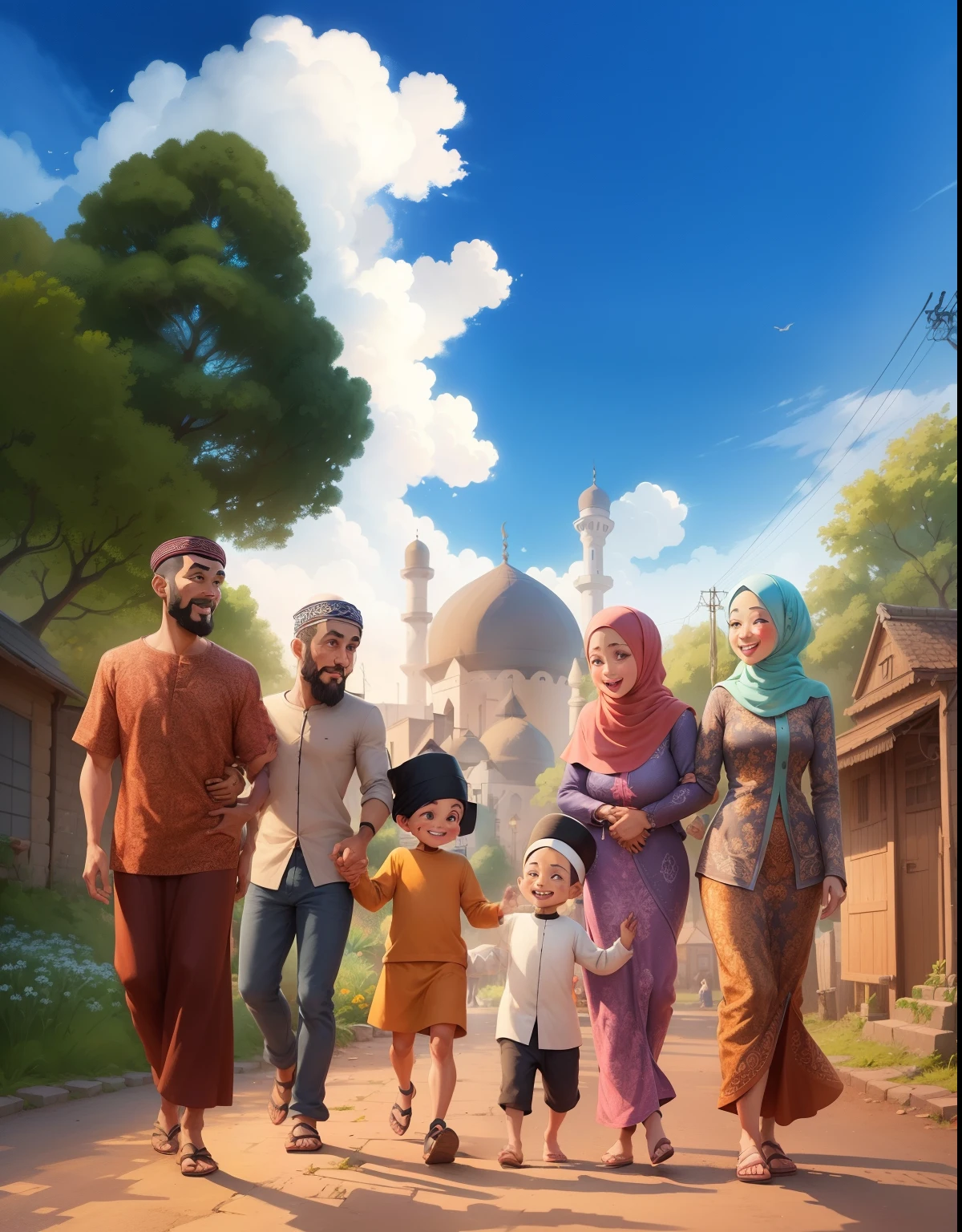 a cartoon picture of a family walking down a street, happy family, a beautiful artwork illustration, game illustration, animated film, inspired by Altoon Sultan, digital cartoon painting art, an indonesian family portrait, official illustration, background artwork, cartoon digital painting, islamic, cartoon style illustration, stylized digital illustration, muslim, realistic scene, town background, stylized