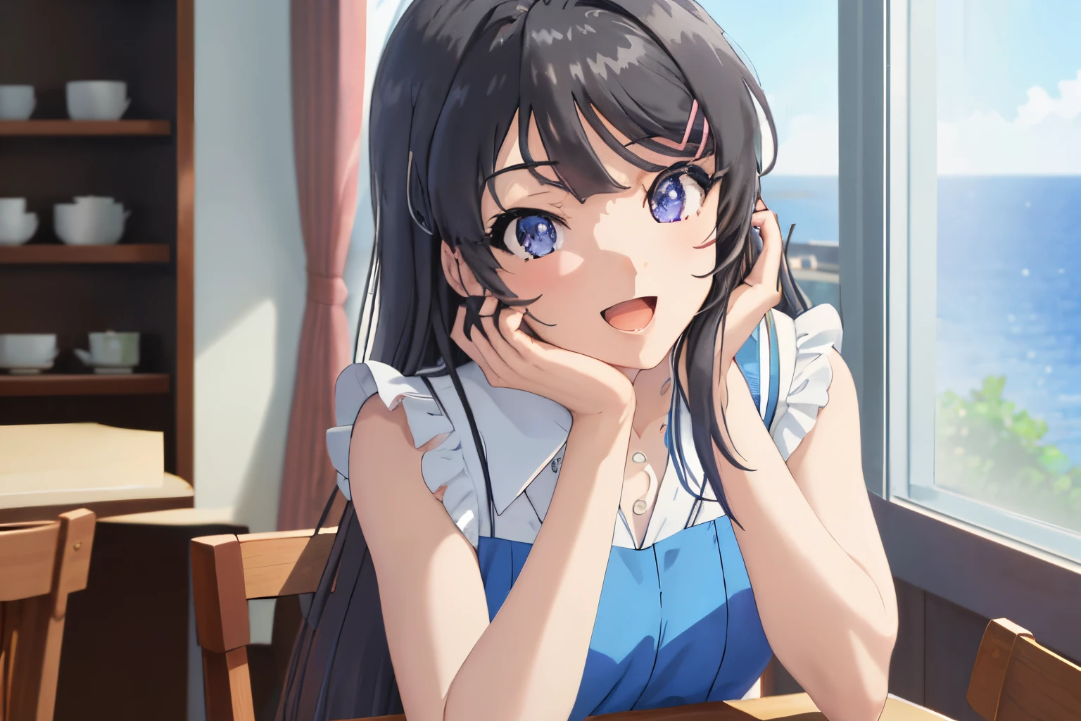 best quality, masterpiece, ph mai, maihd, 1girl, solo, smile, looking at viewer, open mouth, sleeveless, hand on own face, upper body, shirt, blue shirt, hand on own cheek, anime coloring, sleeveless shirt, head rest, :d, frills, indoors, blush, parody, STARING AT YOU, AT CAFE