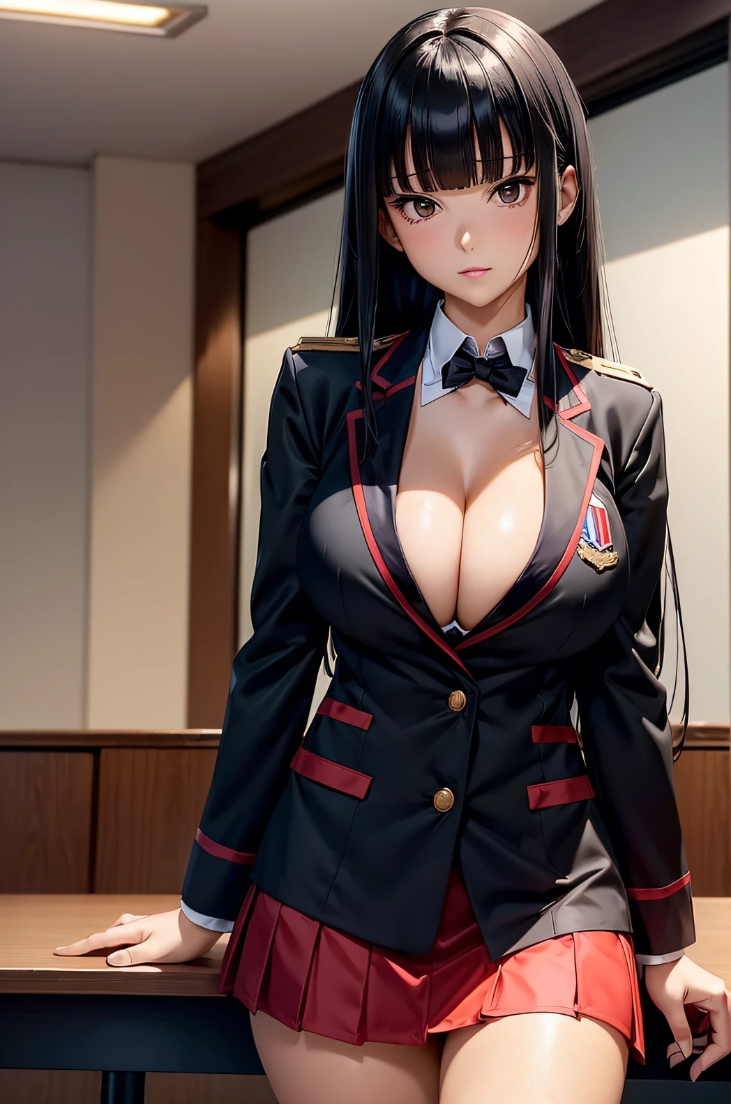 ((Best Quality)), ((masutepiece)), (Detailed), Perfect face a beauty girl cleavage of the breast long, thick black hair Blunt bangs red uniform blazer Black miniskirt To wear the standard clothes provided to female students at Private Hyakkao Academy