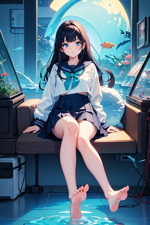 Beautiful eyes, (highest quality, Masterpiece: 1.2), night aquarium, neon, (solo), sailor uniform, long sleeves, pleated skirt, beautiful hair, bare feet,