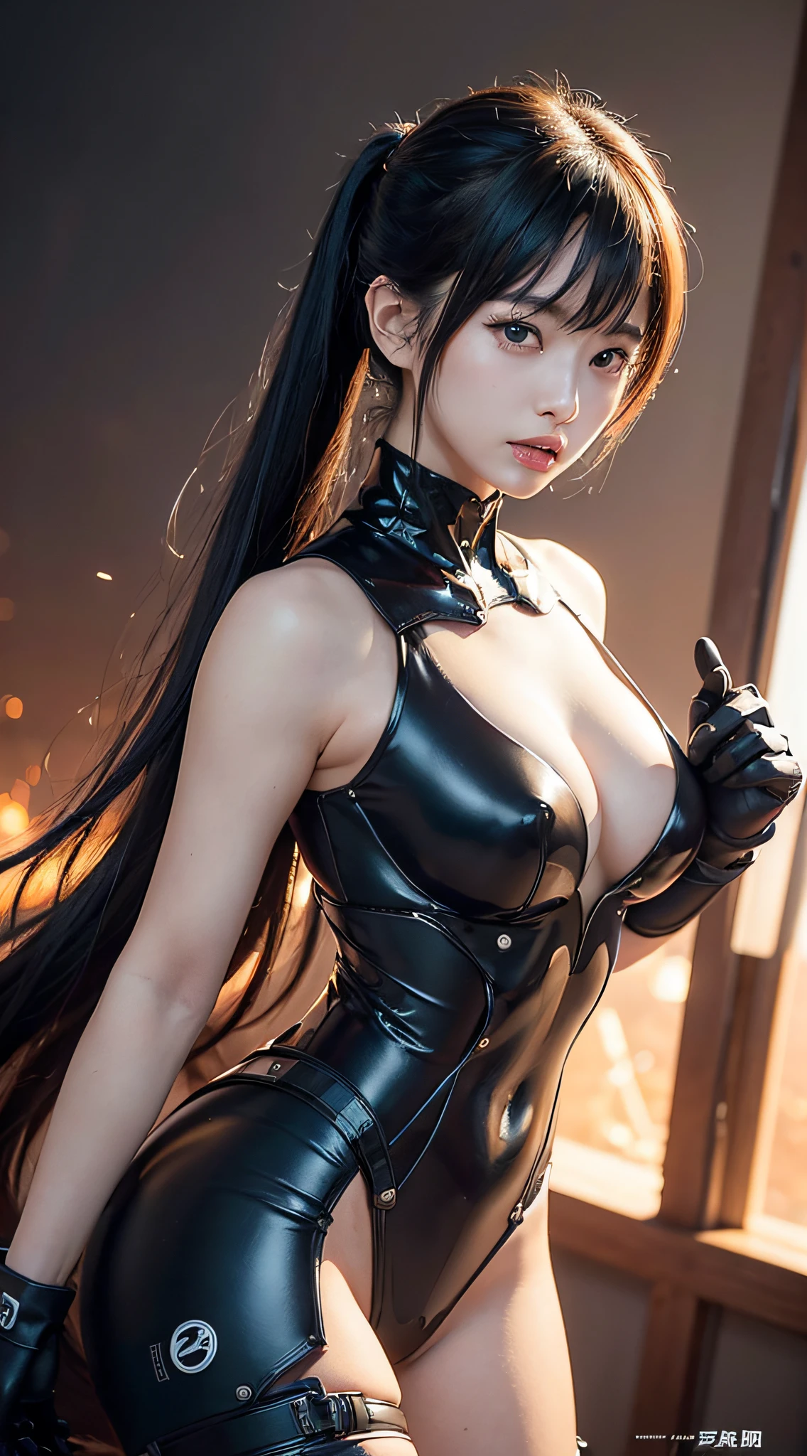 (a closeup:1.4)、(Raw photography:1.2)、(Photorealsitic:1.4)、(masterpiece:1.3)、(top-quality:1.4)、(Beautiful woman with perfect body:1.4)、Woman standing in front of a group of robots、beautiful android woman、Beautiful Female Soldier、Girl in suit、complex combat uniform、beautiful young japanese woman、Highly detailed facial and skin texture、Detailed Big Eyes、二重まぶた、cute face、(Twin-tailed:1.2)、(huge-breasted)、(FULL BODYSHOT)、cowboy shot、(angry expressions:1.2)、Storms and epic war scenes、cyberpunk scene、Night、illuminations、plugsuit、combat uniform damage、