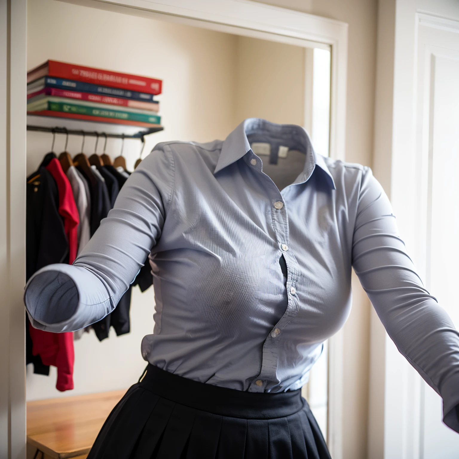 (chubby, fat), two girls love and hug, collared shirts, long sleeve, closet, white shirts, blue stripe tie, school, dark grey skirt, school tie, (Crossed arms), (invisible, no humans, headless, faceless:1.5), (cute big breasts), (close-up shot of breasts), photon mapping, radiosity physically-based rendering
