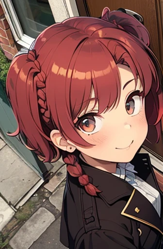 fluffy hair,Red hair,(((Braided shorthair))), ((asymmetrical length pigtails)), Slightly red tide,Gold eyes,Black military uniform, Staring at me, Smile with a kind face, dark apartment late at night,Brown boots,((In front of the front door of an old apartment)),aisle,((In front of the entrance)),((Black Long Trench Coat)),swollen face,A face that looks like it's turned away,(((close up of face))),((Perspective from above)),((Please open the front of your coat and let me see...........)),