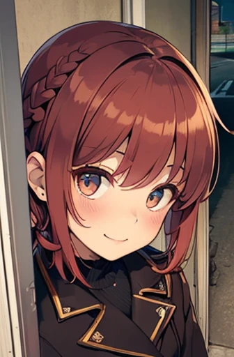 fluffy hair,Red hair,(((Braided shorthair))), ((asymmetrical length pigtails)), Slightly red tide,Gold eyes,Black military uniform, Staring at me, Smile with a kind face, dark apartment late at night,Brown boots,((In front of the front door of an old apartment)),aisle,((In front of the entrance)),((Black Long Trench Coat)),swollen face,A face that looks like it's turned away,(((close up of face))),((Perspective from above)),((Please open the front of your coat and let me see...........)),