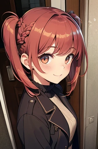 fluffy hair,Red hair,(((Braided shorthair))), ((asymmetrical length pigtails)), Slightly red tide,Gold eyes,Black military uniform, Staring at me, Smile with a kind face, dark apartment late at night,Brown boots,((In front of the front door of an old apartment)),aisle,((In front of the entrance)),((Black Long Trench Coat)),swollen face,A face that looks like it's turned away,(((close up of face))),((Perspective from above)),((Please open the front of your coat and let me see...........)),