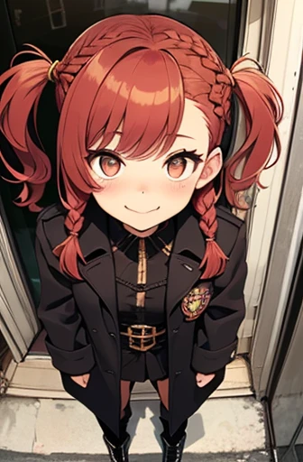 fluffy hair,Red hair,(((Braided shorthair))), ((asymmetrical length pigtails)), Slightly red tide,Gold eyes,Black military uniform, Staring at me, Smile with a kind face, dark apartment late at night,Brown boots,((In front of the front door of an old apartment)),aisle,((In front of the entrance)),((Black Long Trench Coat)),swollen face,A face that looks like it's turned away,(((close up of face))),((Perspective from above)),((Please open the front of your coat and let me see...........)),