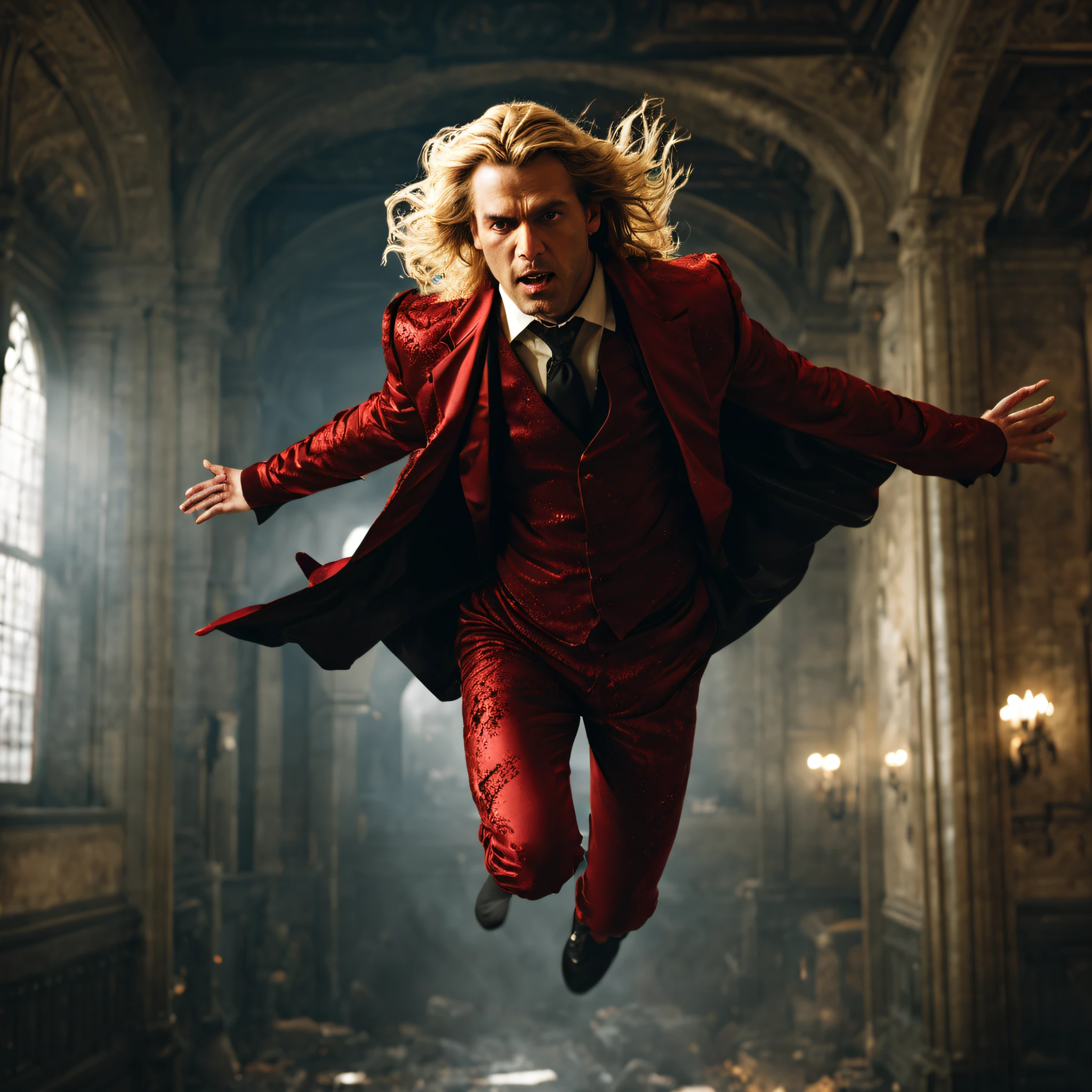 movie scenes, ((full-body: 1.5)), handsome, blonde and long hair, vampire in a blood and gold suit, (looking at the camera: 1.3), (flying in the building: 1.4), angry, mysterious, ancient, intricate detail, highly detailed, volumetric lighting, 4k rendering, stock photo, ultra-realistic, realistic textures, dramatic lighting, depth of field, film, (very wide angle: 1.3), dark light, wide angle