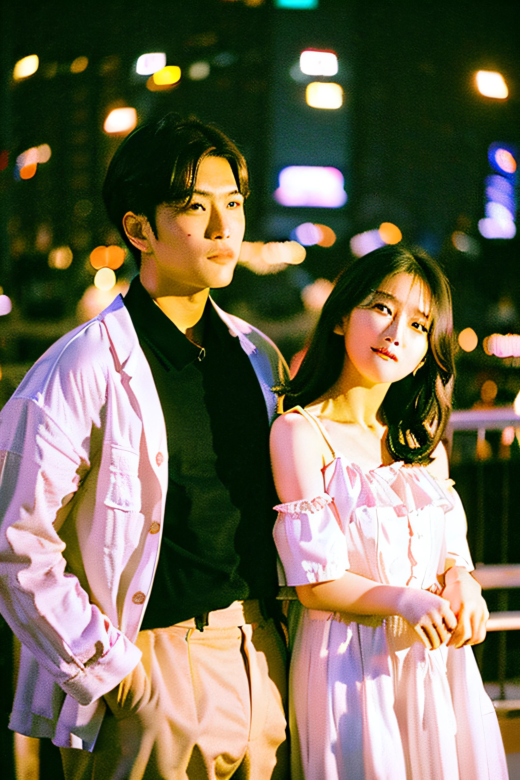 two couples are starred each other, at the middle of the park, blooming night with the city light vibes, blooming flower vibes, finely detailed skin, Korean style lighting, poster korean drama style, detailed face:1.2, sharp focus, Hasselblad photography, masterpiece, Light makeup, cinematic lighting, 4k, best quality