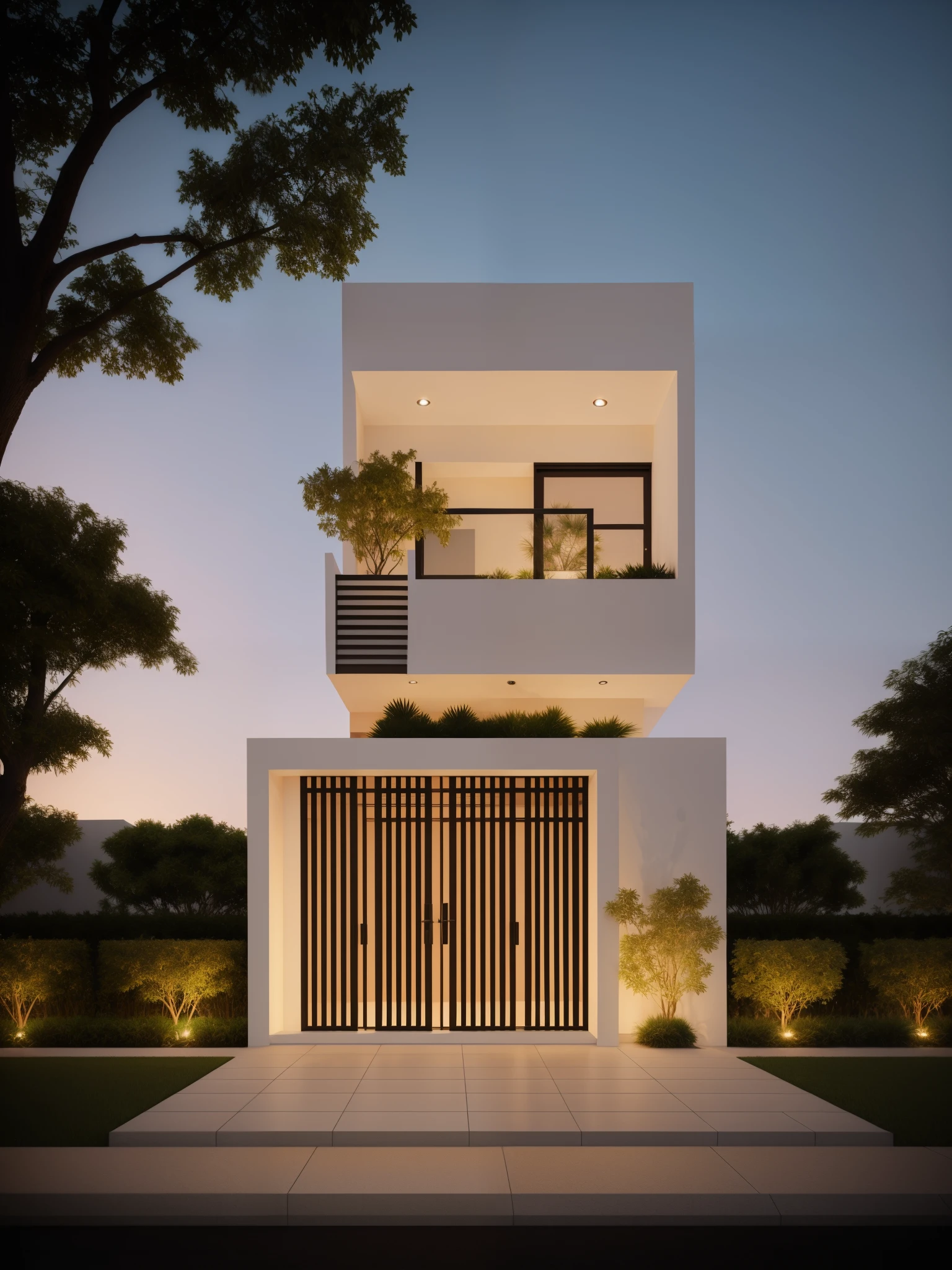 townhouse, sunrise, clear air, morden, day light, cinematic lighting, light fromt indoor:0.7, tree decor