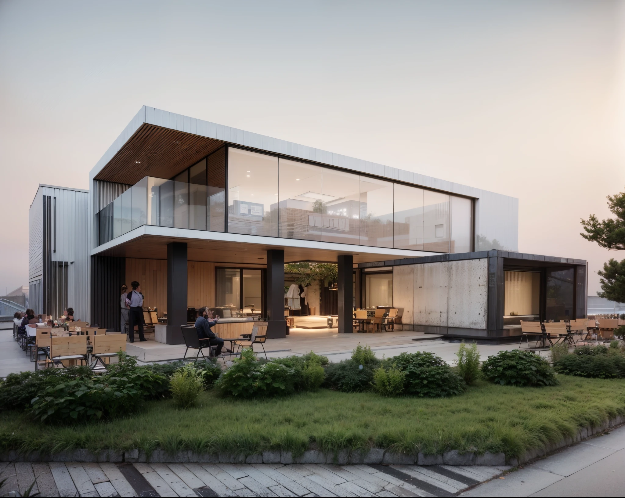 (((tmasterpiece))),((Best quality)),Award-winning architectural exterior design，building exterior，（（cafe shop）），cafe shop,Commercial café，glass,cementitious , aluminium，Asphalt pavement，grassy fields, ray traycing, The content is very detailed，hyper realisitc，Hyper Real