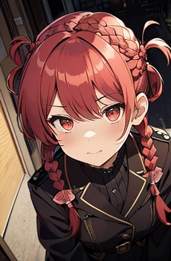 fluffy hair,Red hair,(((Braided shorthair))), ((asymmetrical length pigtails)), ((Keep your hair down)), Slightly red tide,Gold eyes,Black military uniform, Staring at me, Smile with a kind face, dark apartment late at night,Brown boots,((In front of the front door of an old apartment)),aisle,((In front of the entrance)),((Black Long Trench Coat)),swollen face,A face that looks like it's turned away,(((close up of face))),((Perspective from above)),((Please open the front of your coat and let me see...........)),