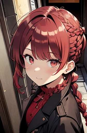 fluffy hair,Red hair,(((Braided shorthair))), ((asymmetrical length pigtails)), ((Keep your hair down)), Slightly red tide,Gold eyes,Black military uniform, Staring at me, Smile with a kind face, dark apartment late at night,Brown boots,((In front of the front door of an old apartment)),aisle,((In front of the entrance)),((Black Long Trench Coat)),swollen face,A face that looks like it's turned away,(((close up of face))),((Perspective from above)),((Please open the front of your coat and let me see...........)),