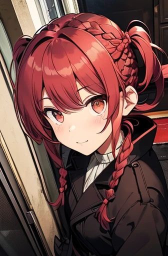 fluffy hair,Red hair,(((Braided shorthair))), ((asymmetrical length pigtails)), Slightly red tide,Gold eyes,Black military uniform, Staring at me, Smile with a kind face, dark apartment late at night,Brown boots,((In front of the front door of an old apartment)),aisle,((In front of the entrance)),((Black Long Trench Coat)),swollen face,A face that looks like it's turned away,(((close up of face))),((Perspective from above)),((Please open the front of your coat and let me see...........)),