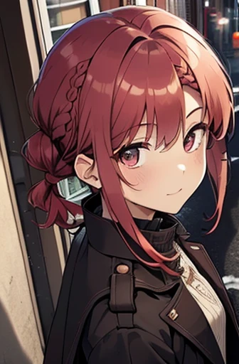 fluffy hair,Red hair,(((Braided shorthair))), ((asymmetrical length pigtails)), ((Keep your hair down)), Slightly red tide,Gold eyes,Black military uniform, Staring at me, Smile with a kind face, dark apartment late at night,Brown boots,((In front of the front door of an old apartment)),aisle,((In front of the entrance)),((Black Long Trench Coat)),swollen face,A face that looks like it's turned away,(((close up of face))),((Perspective from above)),((Please open the front of your coat and let me see...........)),