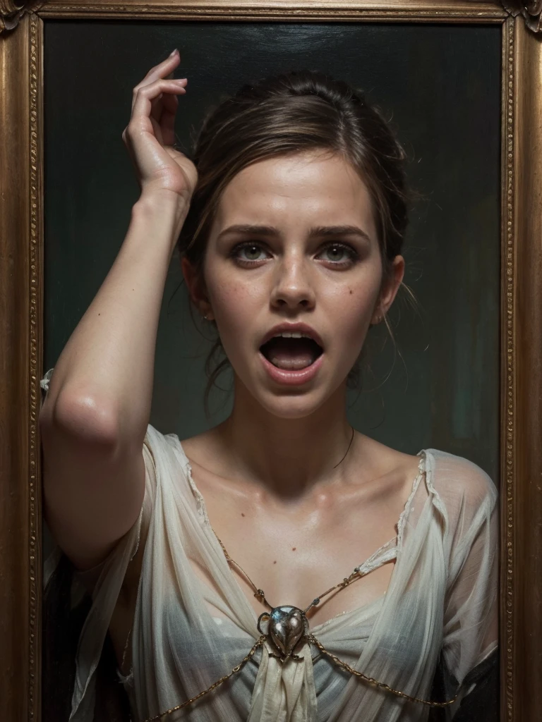 Wooden frame, (ghost, spitits), Emma Watson, medium shot, (palms pressed against canvas) ghostly body, tattered ghostly clothes, (detailed clothes), ghost in background, spirit energy, trapped in a haunted oil painting, painting frame, hyperrealism, ghostly, trapped, (panicking, screaming), peter mohrbacher, pierre terblanche, trending on artstation