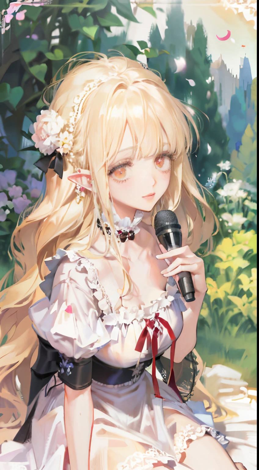 Original Character, Volumetric Lighting, Best Shadows, Shallow Depth of Field, Close Up Of Stunningly Beautiful Girl, Petite, Wide Hips, Thick Thighs, Slight Chubby, Small body, Delicate Beautiful Attractive Face With Alluring Red Eyes, Sharp Eyebrows, Half Open Eyes, Elf ears, Cute Smile, Lovely Big Breasts, Layered Long Blond Hair With Ribbon Tied To A Part Of Hair On The Side, Blunt Bangs, Long Straight Hair, Pale Skin, Ear Piercings, Blush Eyeshadow, Blonde Thick Eyelashes, Long eyelashes, Slim Waist, Lace Lingerie Princess Dress, see through dress, (Garden Background:1.1) , Sitting Down, Sitting in stream of Water, Half-Body, Posing, (Highest Quality, Amazing Details:1.25), (Solo:1.3), Brilliant Colorful Paintings, Looking At Viewer,headband,Long blonde hair,Loose hair,Wearing a hairband and a scrunchie on the head,Long hair and waist,Makoto Rima,medium shot full body portrait,Dazzling stage lighting background,Microphone in hand,Japanese girl idol performs in gorgeous costumes