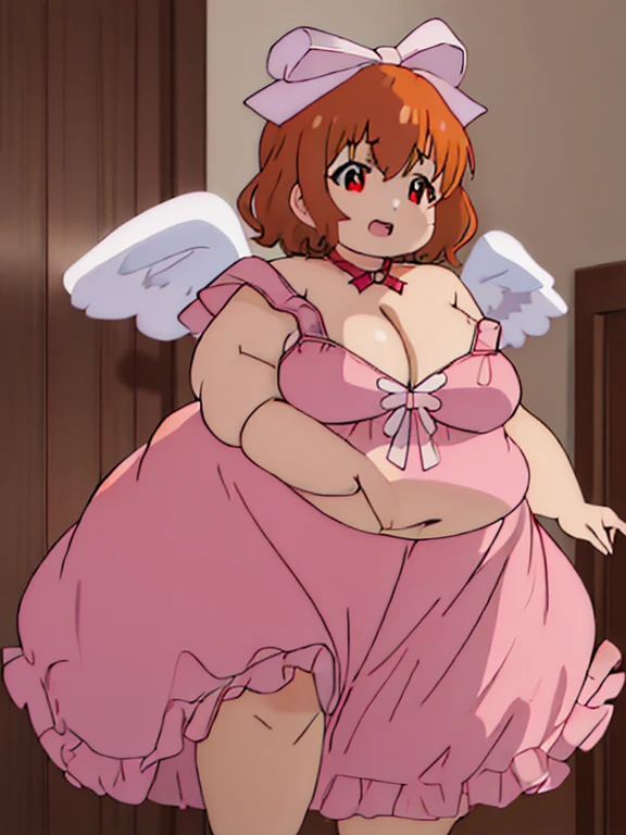 best quality, masterpiece, highres, solo,obese  {hiyori_kotobuki_imocho:1.15}, obese body, thick thighs, short_hair, wings, breasts, hair_bow, bow, cleavage, orange_hair, red_eyes, open_mouth, brown_hair, medium_breasts, obese 1girl, dress, pink_dress, ribbon, strap_slip