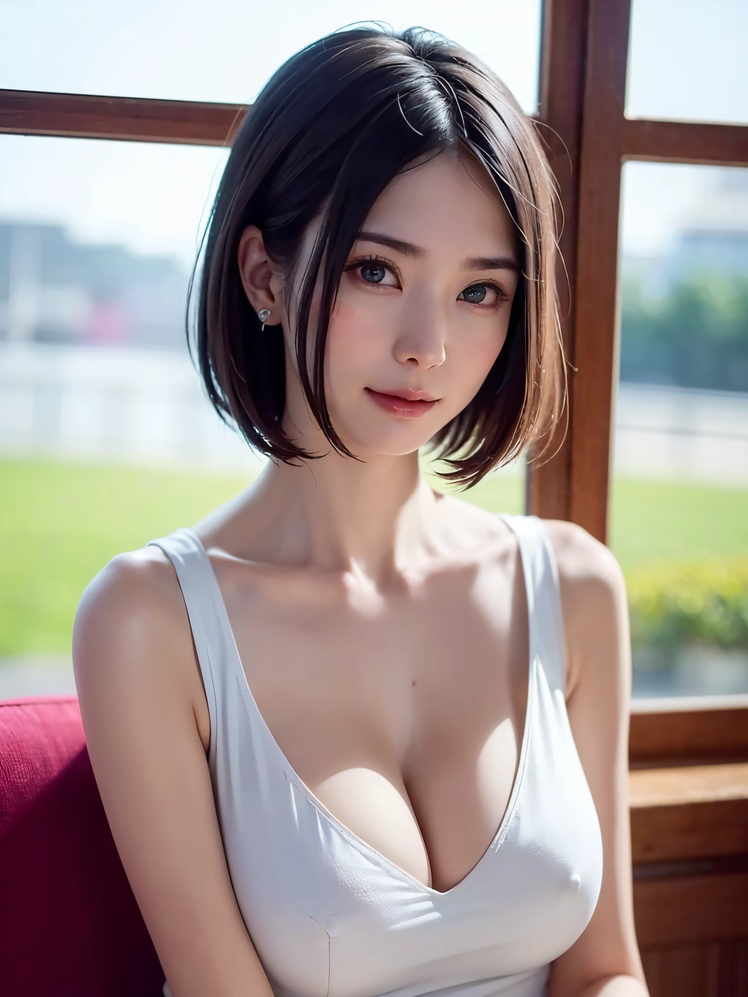 (masutepiece, top-quality、Very attractive adult beauty、Add intense highlights to the eyes、Look firmly at the camera:1.4、Beautiful woman full of adult charm、Ideal ratio body proportions、Perfect Anatomy、Brunette Short Bob Hair、Lustrous hair、bangss:1.4、46 point shiny bangs:1.4、lipgloss),1girl in, 独奏, Light brown shiny hair, muffler,realisitic, looking at the viewers、Tilt your head slightly, Bright colored crystal light blue eyes, short shiny hair、 White turtleneck outfit with a hole in the center of the chest,Sexy white turtleneck knit sweater with a round hole in the middle of the 、 s lips, lipgloss，bangss, The upper part of the body、big eye、Lashes、The face is a little red、Embarrassing)、((Italian winter window scenery))、((Shorthair with bangs、big eye、Put very strong highlights in your students、{Gigantic|Big|Huge|Mega} :1.4、beautiful deep valley、very Bigger :1.4、gazing at viewer、Very beautiful beauty、Put your ears out、Long and beautiful Zhu Lake 1.4、little smiling、Beautiful teeth、Open your mouth and smile、Heart-shaped pupil))、28 year old、Very cute supermodel、