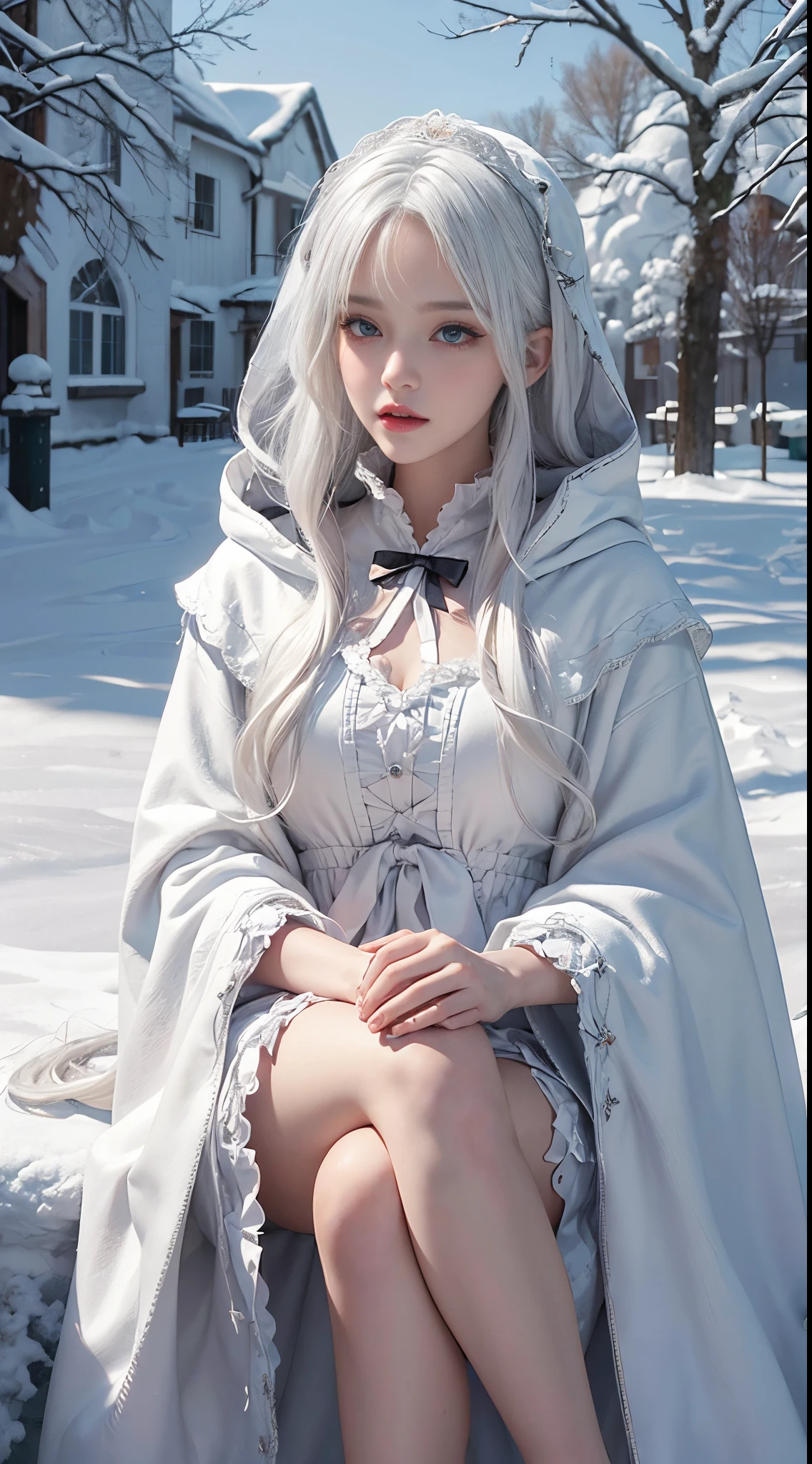 (8K),realisticlying, A high resolution, 1 Women, Alone, (a gorgeous,Lolita costume), pretty eyes, White hair, eye socket, (sitted,Cloak,blanketed in a mantle of snow),snow field,