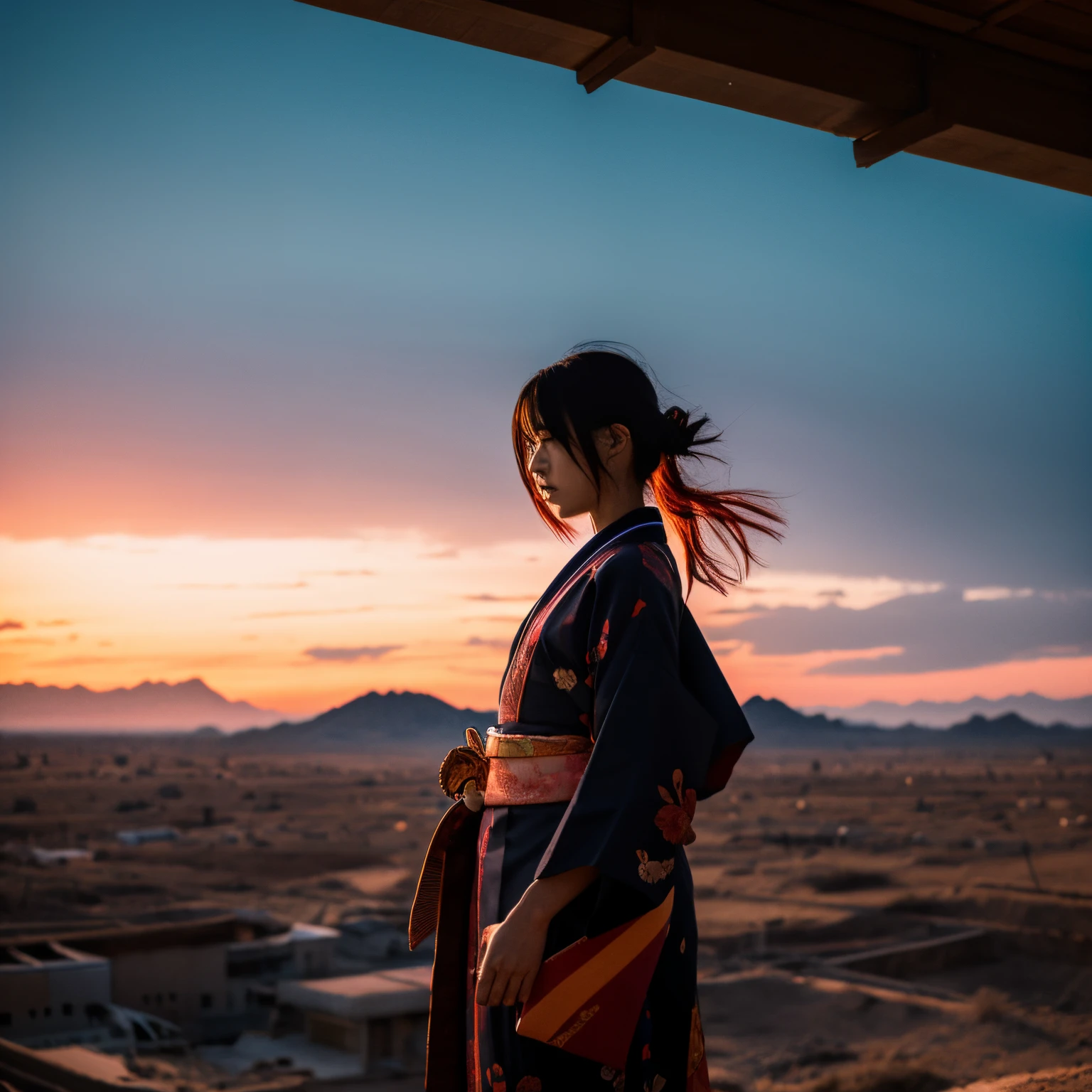 The angle of view is sunrise,Girl with a Japan sword,The background is a desolate wasteland and the color is black.,girl has long black hair,komono,My kimono is falling apart,one shoulder is exposed,Sarashi is wrapped
