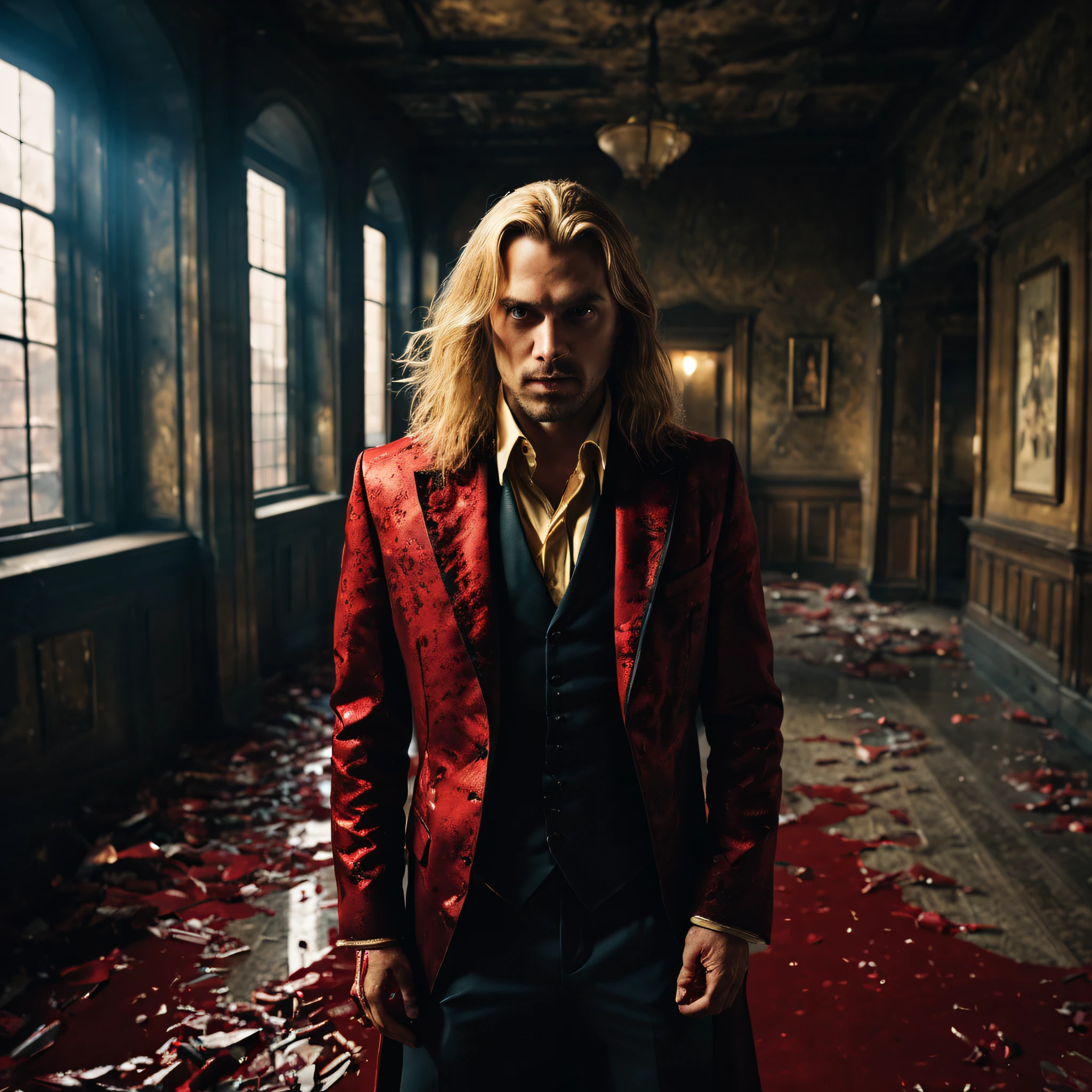 movie scenes, ((full-body: 1.5)), handsome, blonde and long hair, vampire in a blood and gold suit, (looking at the camera: 1.3), (flying in the building: 1.5), with bats, a house full of blood, angry, mysterious, ancient, intricate detail, highly detailed, volumetric lighting, 4k rendering, stock photo, ultra-realistic, realistic textures, dramatic lighting, depth of field, film, (very wide angle: 1.3), dark light, wide angle