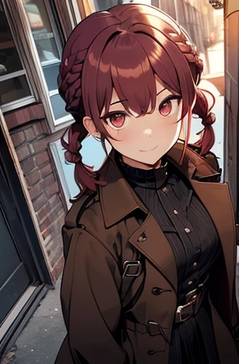 full bodyesbian, fluffy hair,Red hair,Fishing eyes, (((Braided shorthair))), ((asymmetrical length pigtails)), ((Keep your hair down)), Slightly red tide,Gold eyes,Black military uniform, Staring at me, Smile with a kind face, dark apartment late at night,Brown boots,((In front of the front door of an old apartment)),aisle,((In front of the entrance)),((Black Long Trench Coat)),swollen face,A face that looks like it's turned away,(((close up of face))),((Perspective from above)),((Please open the front of your coat and let me see...........)),